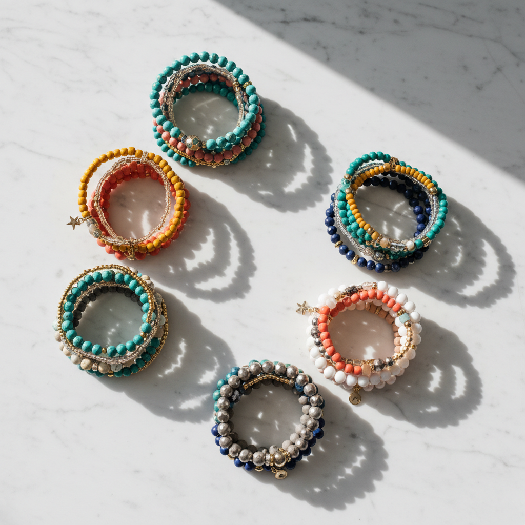 Stackable beaded stretch bracelets set for women flat lay on marble